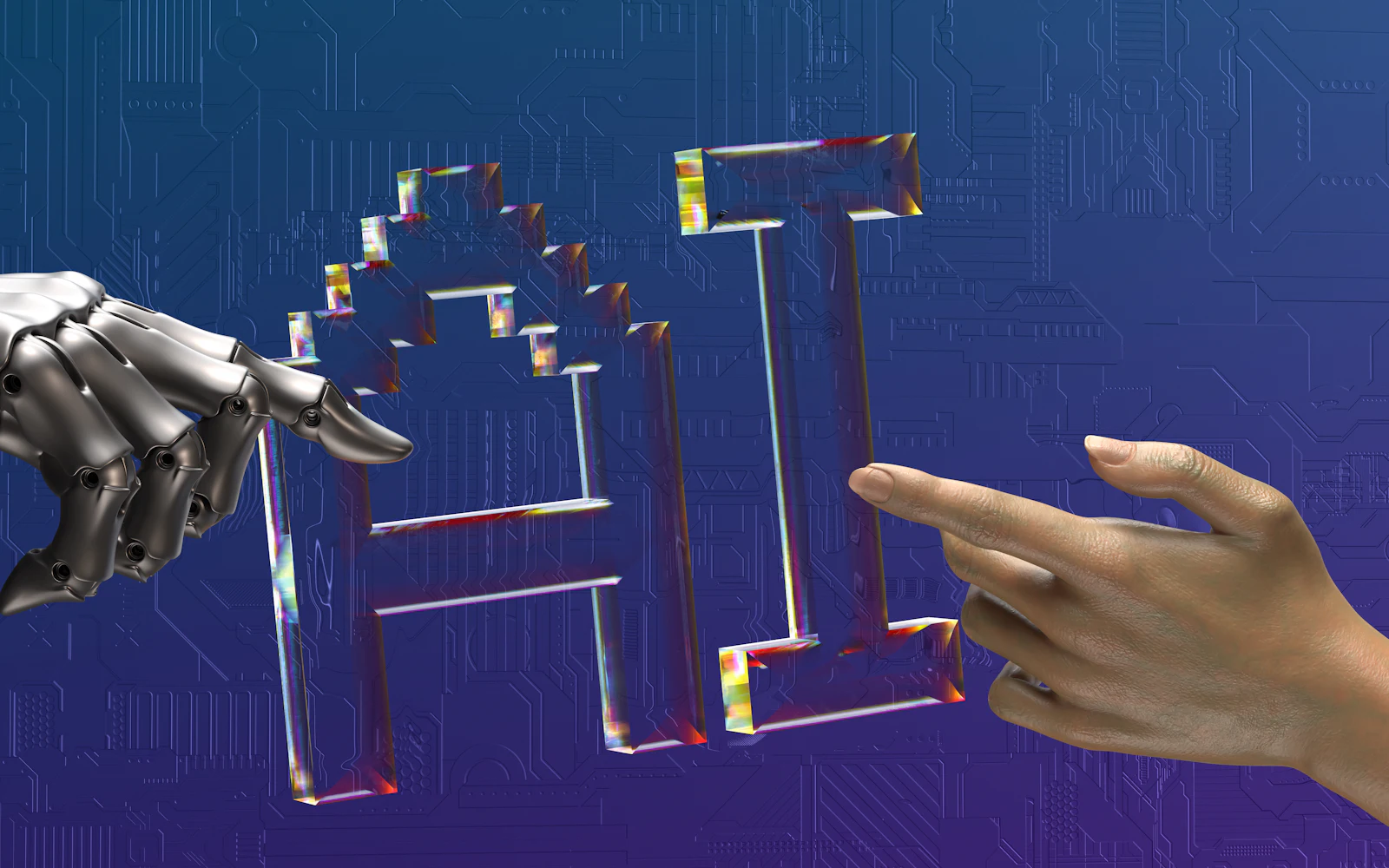 Robot and human hands reaching toward ai text