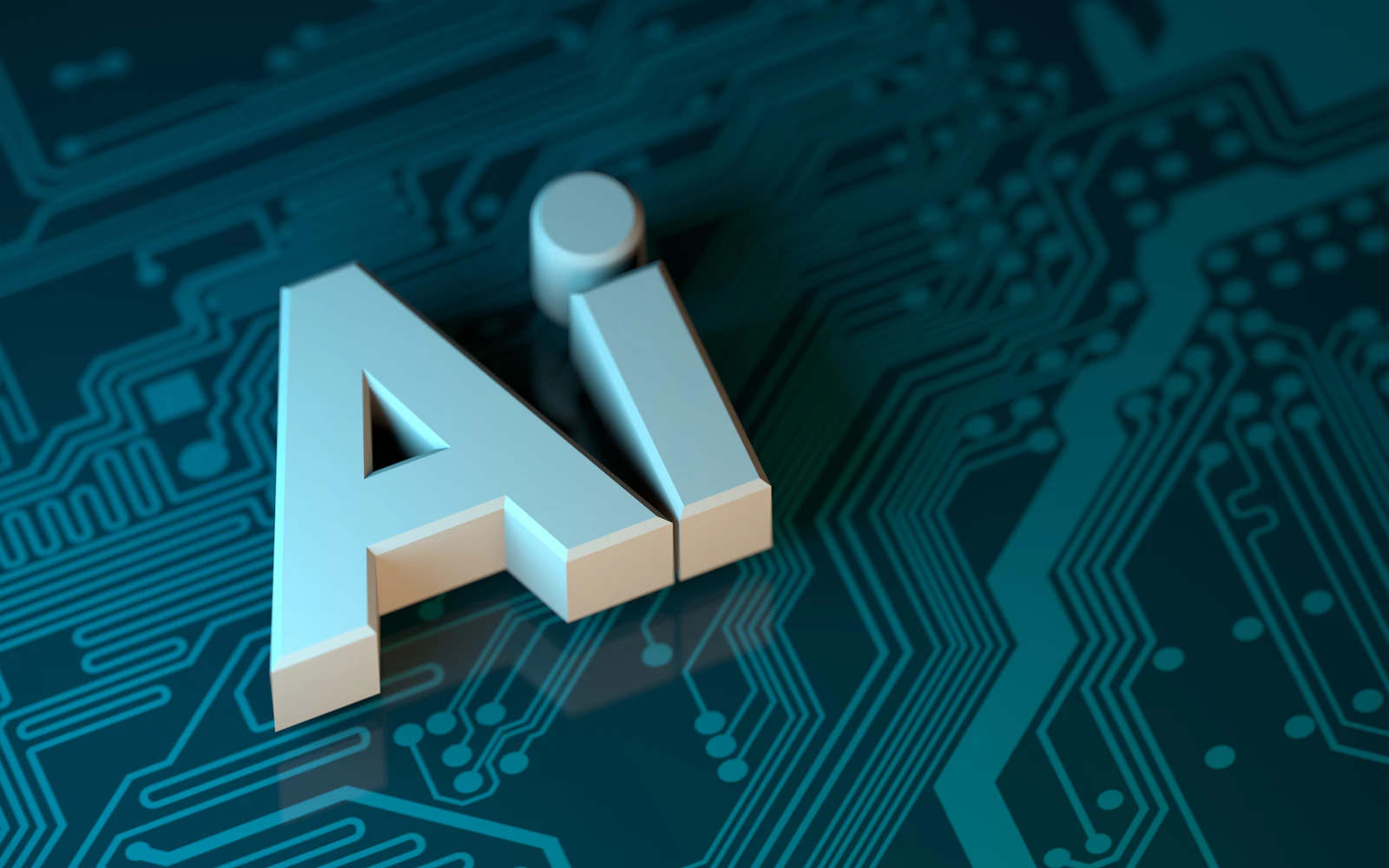 Letters AI in 3D on a teal circuit
