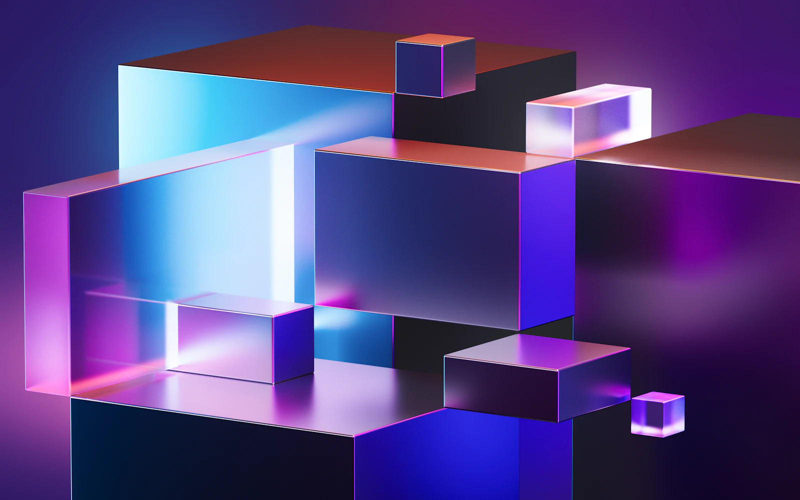 Floating metallic cubes in shades of blue and purple
