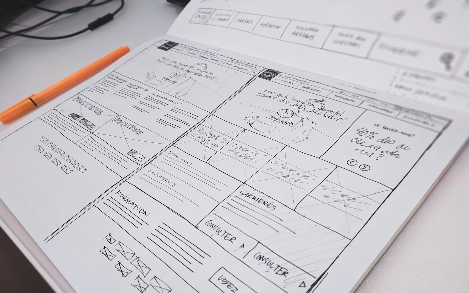 A hand-drawn website wireframe on paper with an orange pen
