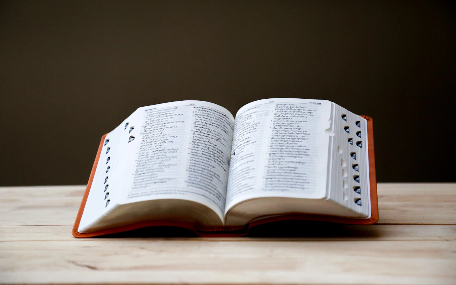 Opened book on brown table