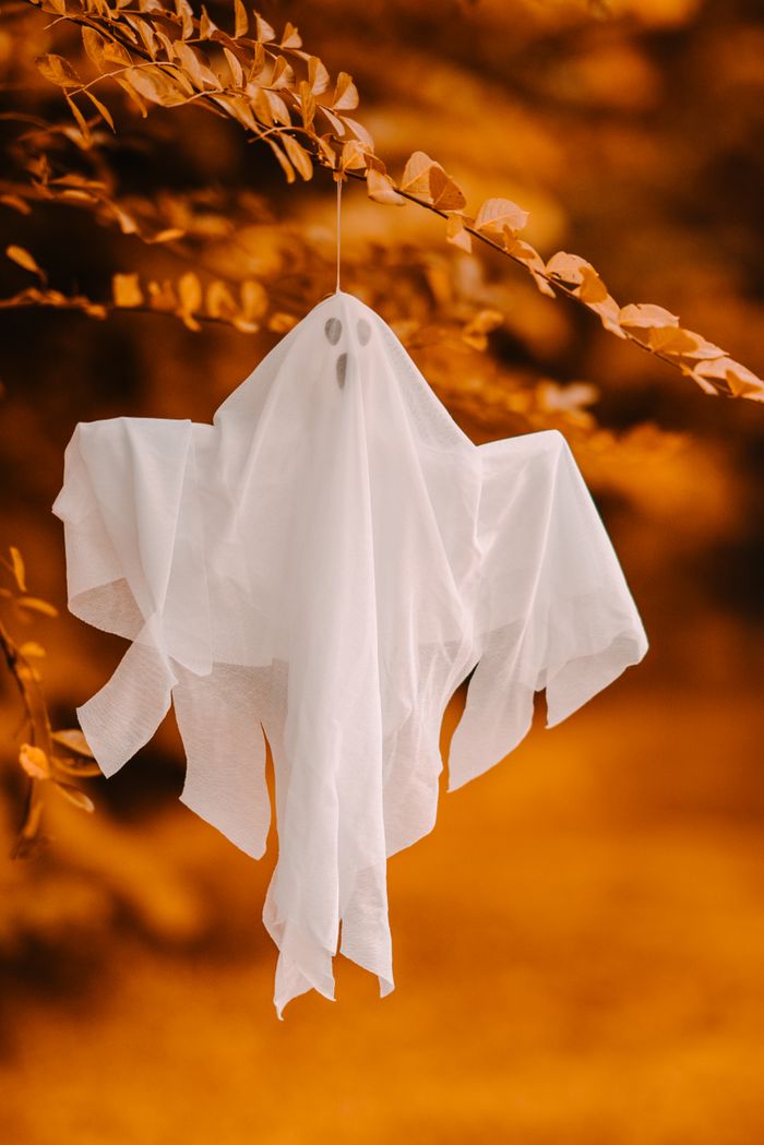 A white gauze ghost decoration with a simple drawn face hangs on a thread from a branch against a warm golden-orange blur of autumn leaves.