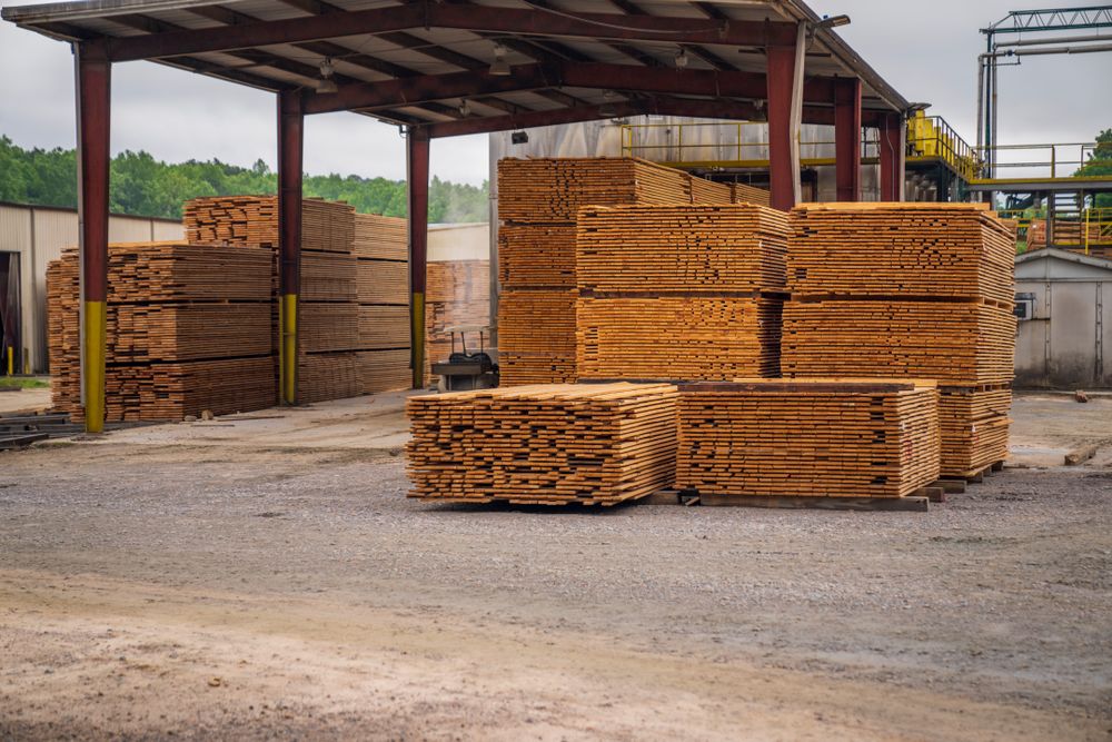 Stacks of sawn lumber planks on pallets at an outdoor lumber yard, under a covered shed.