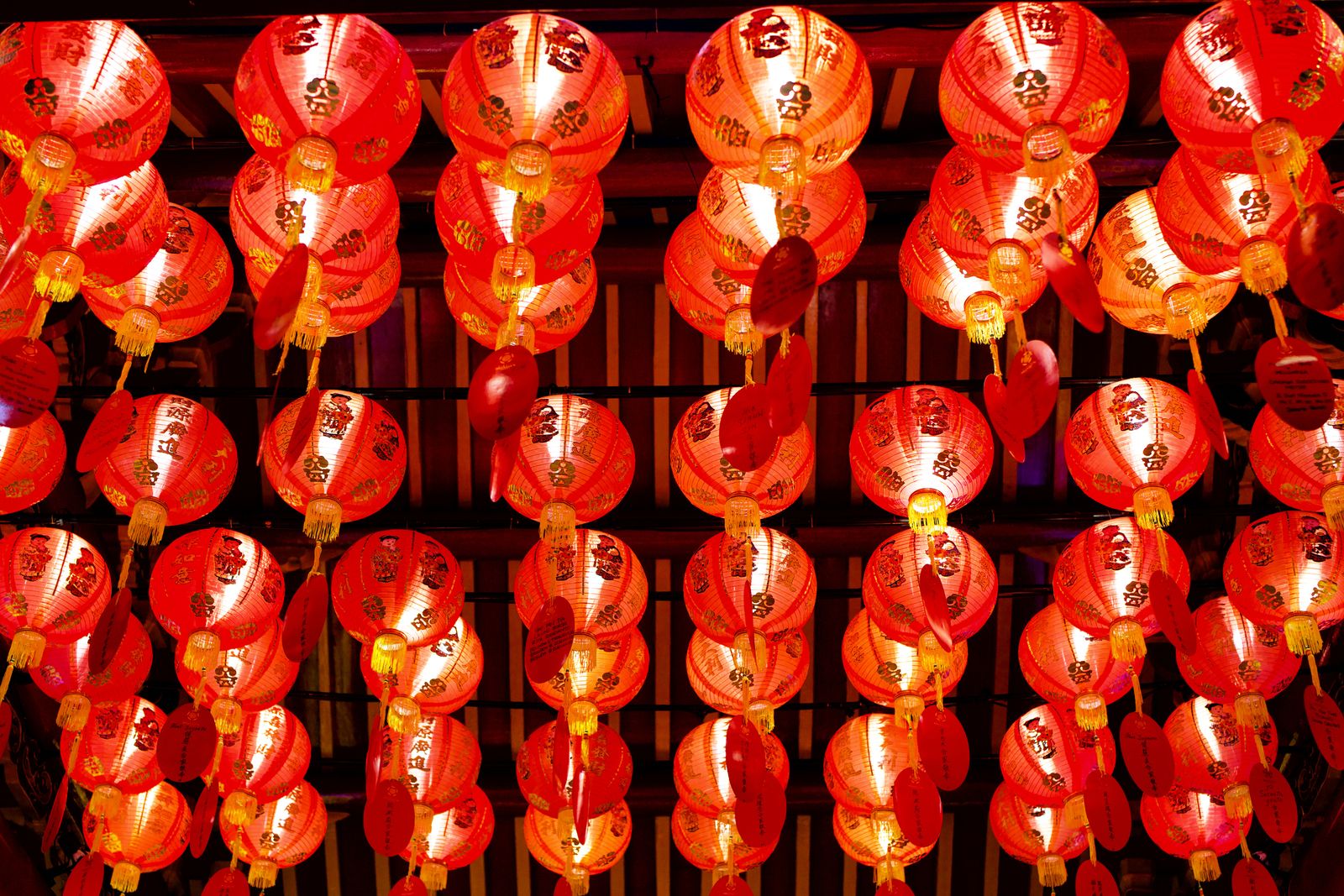 Rows of glowing red Chinese lanterns lighting up a night festival.