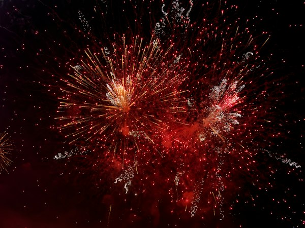 Red and gold fireworks bursting in a dark night sky.