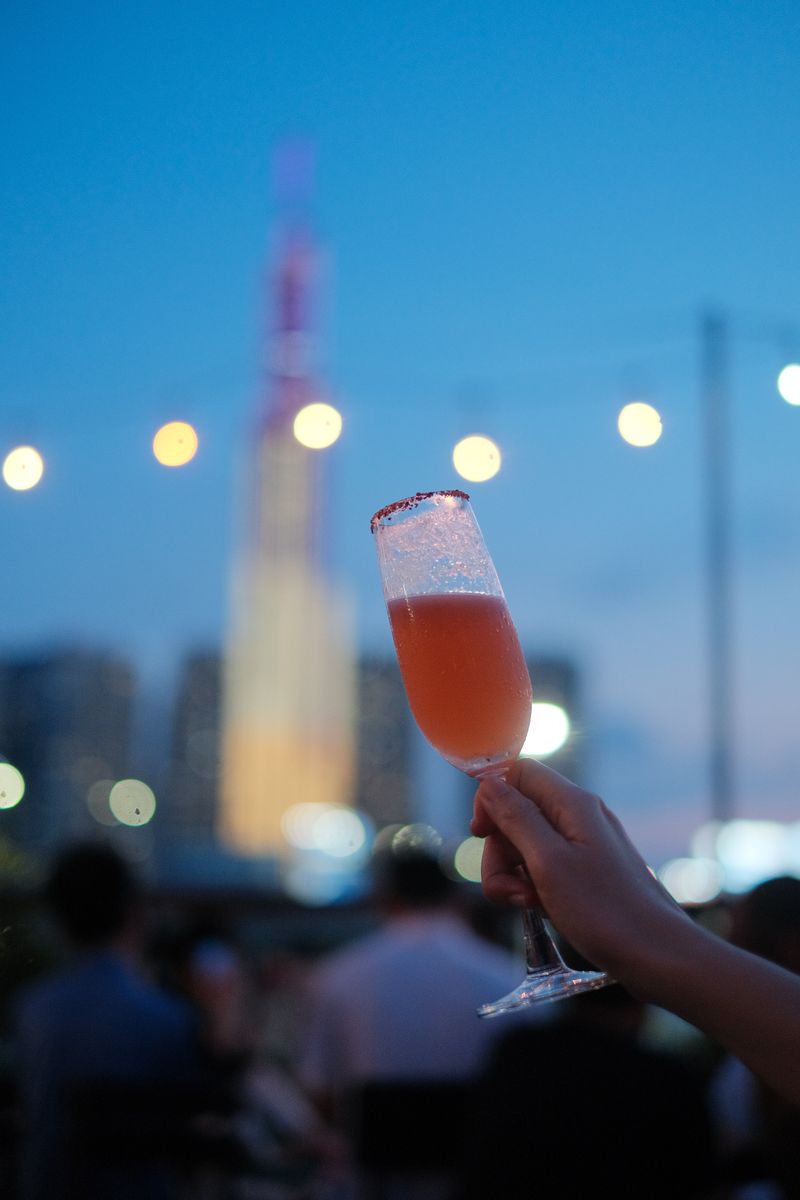 A hand raising a rimmed champagne flute of pink cocktail on a rooftop at blue hour, with a lit tower and string-light bokeh softly blurred behind.