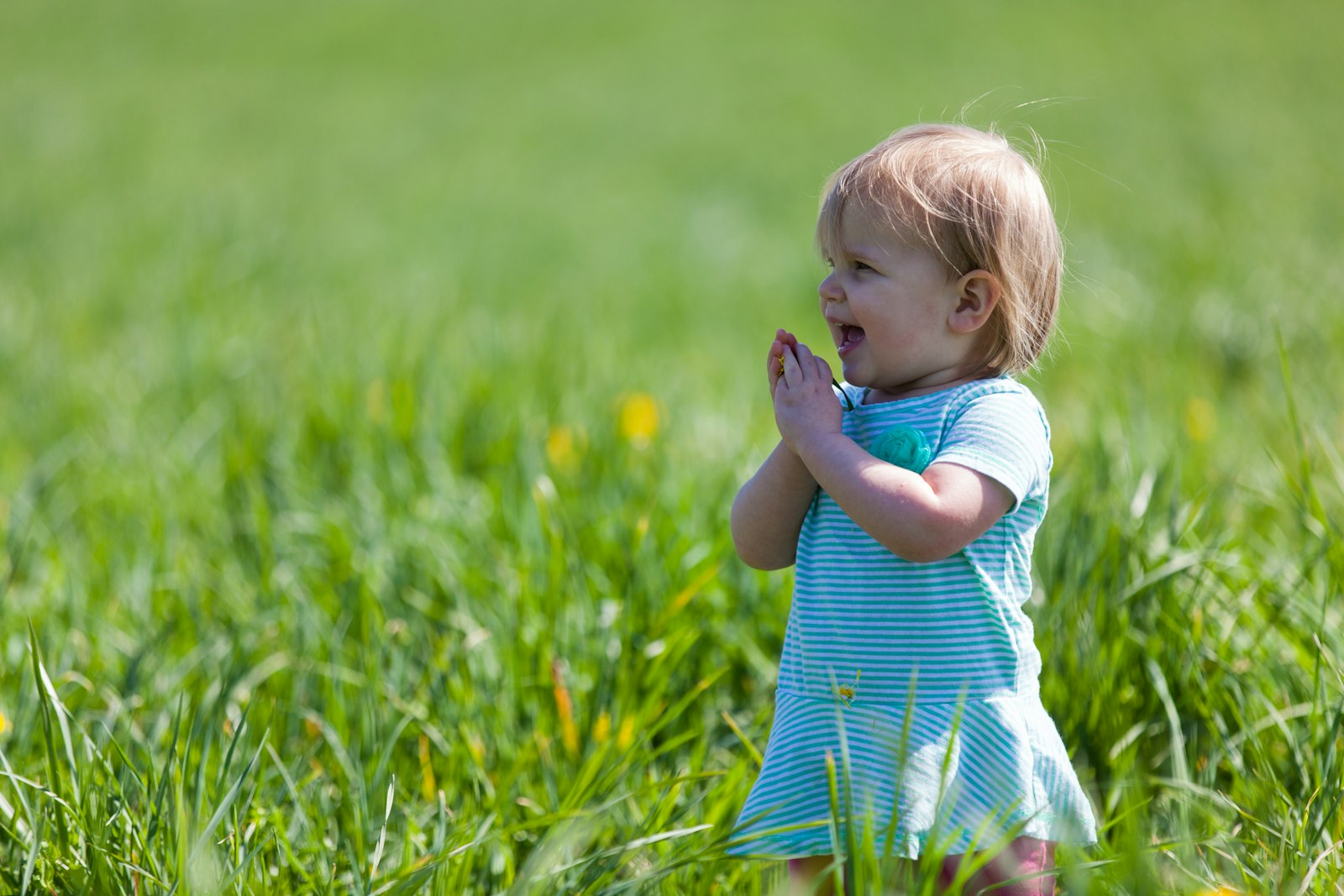 A smiling toddler in a turquoise striped dress claps her hands while standing in sunlit tall green grass.